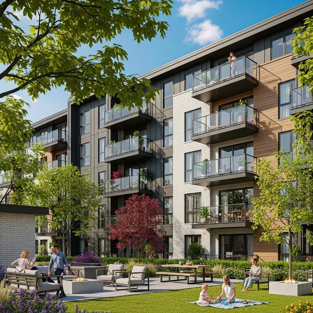 Modern condo building in Mount Pleasant, Michigan, featuring contemporary architecture, landscaped community space, and residents enjoying outdoor amenities.