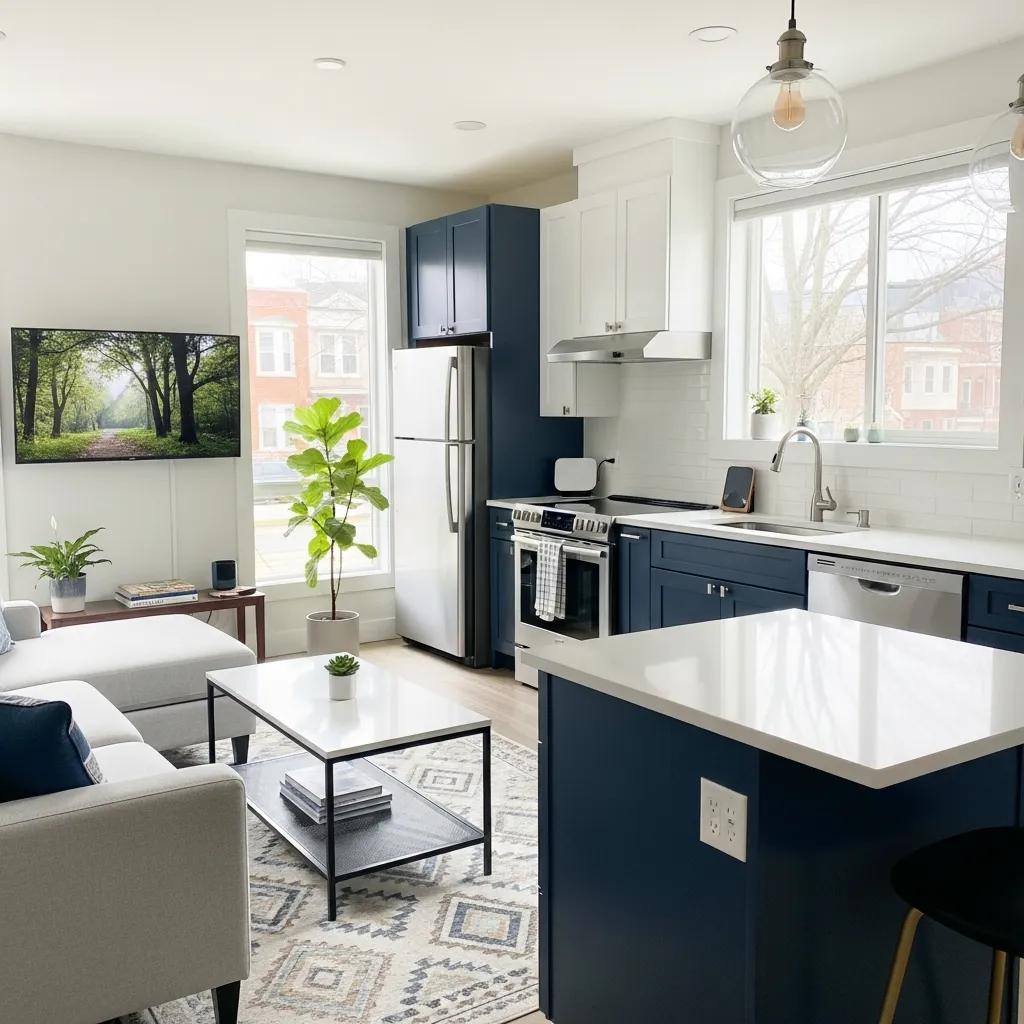 Stylish interior of a modern condo in Mount Pleasant featuring an open-plan layout, energy-efficient appliances, and shared amenities, emphasizing contemporary urban living.