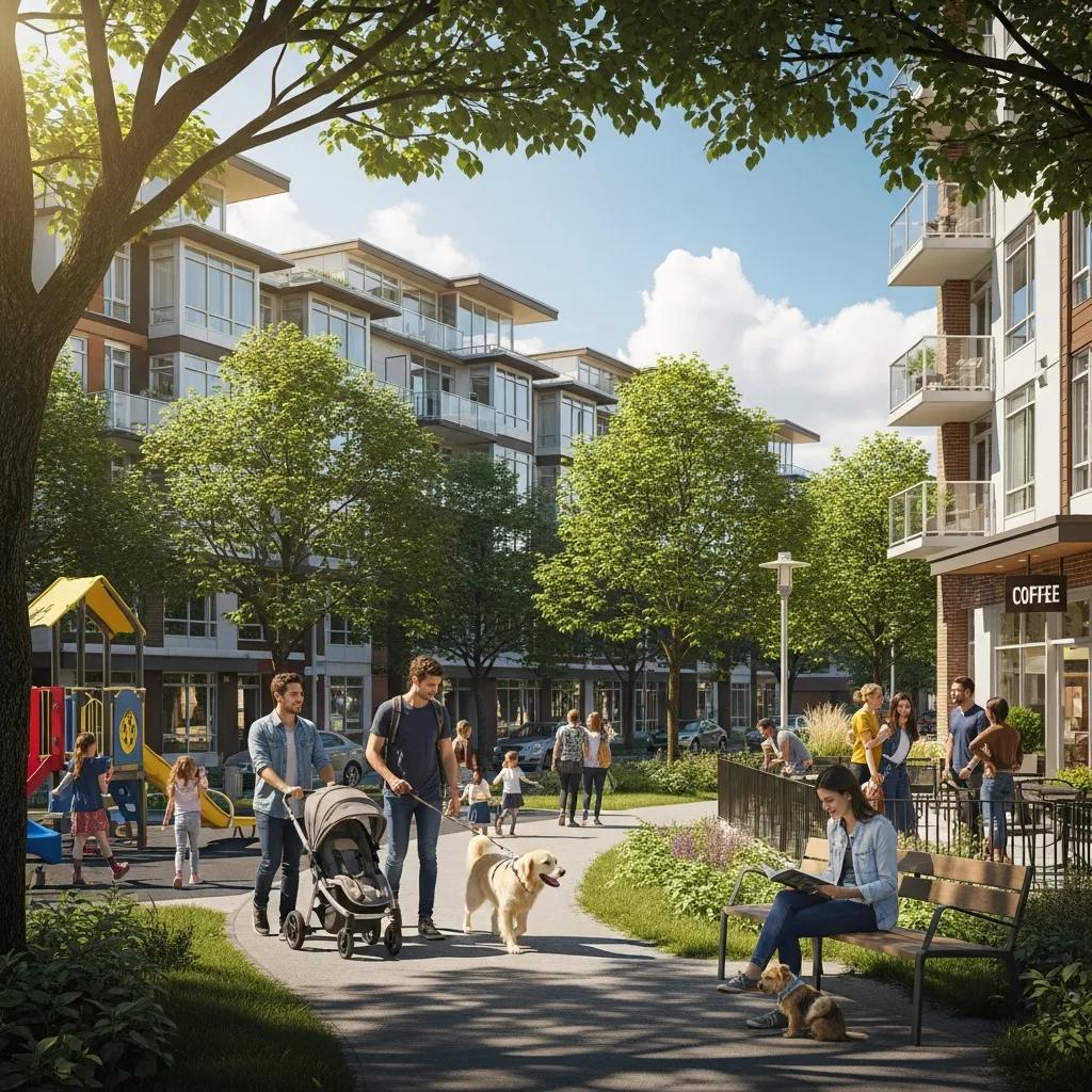 Vibrant Mount Pleasant neighborhood scene featuring modern condo buildings, families interacting in green spaces, children playing, and residents enjoying outdoor amenities like a coffee shop and walking paths.